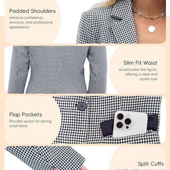 Women's Lapel Collar Plaid 2 Button Blazer Suit Black Houndstooth Work Office - Picture 5 of 5